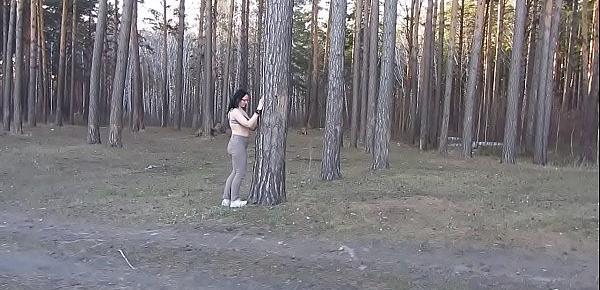  A milf with big tits and a juicy PAWG undresses in the forest and masturbates her pussy with a spruce branch. Merging with the nature of a mature nudist. Outdoor amateur fetish.